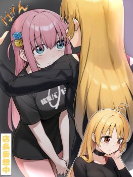 2girls ahoge black_choker black_shirt blonde_hair blue_eyes blush bocchi_the_rock! bottomless breasts choker closed_mouth commentary_request cube_hair_ornament detached_ahoge flustered from_above from_behind gotoh_hitori hair_ornament hand_on_own_cheek hand_on_own_face highres ijichi_seika imagining kabedon large_breasts long_hair looking_at_another multiple_girls own_hands_together pink_hair print_shirt ryuhirohumi shirt short_sleeves yellow_eyes yuri