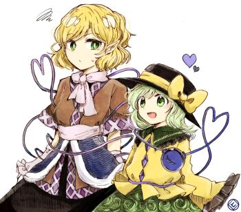 2girls arm_warmers black_hat black_skirt blonde_hair bow bright_pupils brown_shirt buttons closed_mouth collared_shirt commentary_request cowboy_shot diamond_button expressionless frilled_shirt_collar frilled_sleeves frills green_eyes green_hair green_skirt grey_sash grey_scarf hat hat_bow heart heart_of_string komeiji_koishi long_sleeves looking_at_another mizuhashi_parsee multiple_girls open_mouth pointy_ears scarf shirt short_hair short_sleeves simple_background skirt smile squiggle tama_(hiroshige_36) third_eye touhou white_background white_pupils yellow_bow yellow_shirt