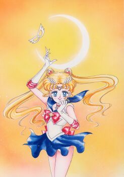 1990s_(style) 1girl absurdres arm_up artbook back_bow bishoujo_senshi_sailor_moon bishoujo_senshi_sailor_moon_(first_season) blonde_hair blue_eyes blue_sailor_collar blue_skirt bow choker circlet closed_mouth cowboy_shot crescent_moon double_bun earrings elbow_gloves floating_hair gloves hair_bun hair_ornament hairpin hand_to_own_mouth highres incredibly_absurdres jewelry long_hair looking_at_viewer magical_girl mask moon official_art red_bow retro_artstyle ribbon sailor_collar sailor_moon sailor_senshi_uniform scan skirt smile solo straight-on takeuchi_naoko transformation_brooch_(sailor_moon) tsukino_usagi twintails unworn_mask white_gloves