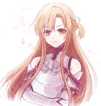 Rule 34 | 1girl, armor, asuna (sao), bare shoulders, braid, breasts, brown eyes, brown hair, closed mouth, commentary request, crossed arms, detached sleeves, dress, ewanko 05, frown, grey trim, half up half down braid, high collar, highres, knights of blood uniform (sao), long hair, long sidelocks, parted bangs, red trim, sidelocks, simple background, sleeveless, sleeveless dress, sleeves past wrists, small breasts, solo, straight hair, sword art online, turtleneck, turtleneck dress, upper body, v-shaped eyebrows, white armor, white background, white dress