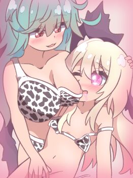 2girls absurdres aikasa alternate_costume animal_print aqua_hair bikini blonde_hair breastfeeding breasts chaos_aurora_(grimms_notes) chaos_marie_(grimms_notes) cow_print cow_print_bikini grimms_notes highres large_breasts long_hair multiple_girls nipples nursing_fingering pink_eyes print_bikini red_eyes swimsuit yuri