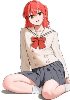 1girl absurdres arms_at_sides bocchi_the_rock! bow bowtie brown_sailor_collar brown_shirt collarbone commentary_request full_body green_eyes grey_skirt highres kita_ikuyo long_hair long_sleeves looking_at_viewer magurotatakighn one_side_up open_mouth pleated_skirt red_bow red_bowtie red_eyes sailor_collar school_uniform serafuku shirt shuka_high_school_uniform simple_background sitting skirt socks solo straight-on white_background white_socks yokozuwari