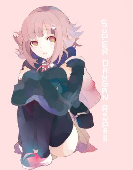 1girl ass black_thighhighs brown_hair collared_shirt commentary_request danganronpa_(series) danganronpa_2:_goodbye_despair flipped_hair hair_ornament jacket long_sleeves medium_hair nanami_chiaki neck_ribbon open_clothes pink_bag pink_eyes ribbon shirt sitting skirt solo sumesiumee thighhighs white_shirt