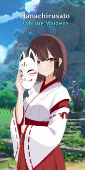 1girl absurdres abysssian brown_hair fox_mask game_screenshot_background genshin_impact hakama hakama_skirt hanachirusato_(genshin_impact) highres holding holding_mask japanese_clothes kosode long_sleeves looking_at_viewer mask medium_hair miko red_hakama screenshot_background skirt smile solo wide_sleeves yellow_eyes