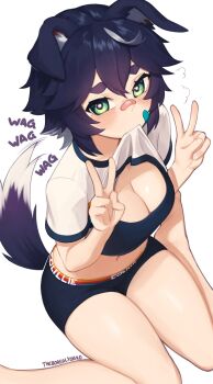 1girl animal_ears bandaid bandaid_on_face bandaid_on_nose breasts cleavage clothes_lift dog_ears dog_girl dog_tail highres large_breasts looking_at_viewer mouth_hold navel original shirt_lift shorts simple_background solo tail white_background yoako