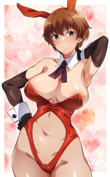 Rule 34 | 1girl, animal ears, areola slip, arm behind head, arm up, armpits, artist logo, bare shoulders, black gloves, bodystocking, breasts, brown eyes, brown hair, clothing cutout, commentary request, contrapposto, cowboy shot, detached collar, earrings, elbow gloves, em (totsuzen no hakike), fake animal ears, fishnet bodystocking, fishnets, gloves, groin, hand on own hip, heart, heart background, jewelry, katou keiko, large breasts, logo, looking at viewer, navel, nontraditional playboy bunny, pubic hair, rabbit ears, red bodystocking, short hair, smile, solo, standing, stomach cutout, stud earrings, tie tab, wing collar, witches of africa, world witches series, wrist cuffs