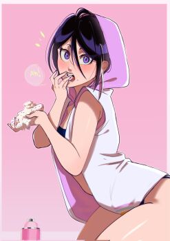 1girl black_hair bleach blush cream eating highres jacket kuchiki_rukia m1rimorinku open_clothes open_jacket purple_eyes thick_thighs thighs underwear
