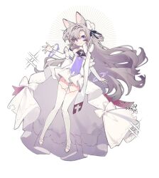 Rule 34 | 1girl, animal ears, arin (fanfan013), armlet, bare shoulders, black bow, black hairband, bow, bow choker, cat ears, choker, closed mouth, commentary request, cross print, detached sleeves, dress, eyelashes, frilled dress, frills, full body, grey hair, hair bow, hairband, halter dress, halterneck, highres, long dress, long hair, long sleeves, looking at viewer, magic, monochrome, original, parted bangs, purple eyes, purple tabard, round eyewear, sandals, simple background, single hair ring, smile, solo, sparkle, stirrup legwear, tabard, thighhighs, toeless legwear, toes, twitter username, very long hair, white background, white bow, white choker, white dress, white footwear, white sleeves, white thighhighs