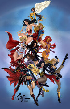 10s 2012 6+girls alien amazon_warrior batwoman belt birds_of_prey black_canary black_footwear black_hair blonde_hair blue_eyes bodysuit boots bow bowtie breasts brown_hair cape cleavage cleavage_cutout clothing_cutout courtney_whitmore dark-skinned_female dark_skin dawnstar dc_comics dreadlocks fingerless_gloves fishnets gauntlets gloves hat highres jacket justice_league justice_society_of_america kate_kane kryptonian lace-up_boots lasso legs leotard lining mari_jiwe_mccabe mary_batson mask midriff multiple_girls pantyhose power_girl purple_footwear red_cape red_footwear red_hair s_shield shazam shoes short_hair shorts skirt smile staff star_(symbol) star_print starfire stargirl supergirl teen_titans thigh_boots thighhighs thighs tiara top_hat torsor unworn_headwear vest vixen_(dc) waistcoat wings wonder_woman wonder_woman_(series) zatanna_zatara