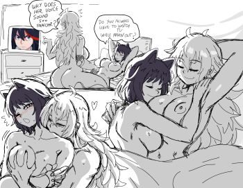 2girls aftersex animal_ears ass bed bedroom black_hair blake_belladonna blonde_hair blush breasts cat_ears cat_girl closed_eyes comforting completely_nude cuddling distracted face_to_breasts female_focus grabbing_another&#039;s_breast groping happy head_on_chest heart highres hug imminent_kiss kill_la_kill koshimizu_ami lewdamone looking_to_the_side matoi_ryuuko mechanical_arms multiple_girls nipples nude pointing rwby single_mechanical_arm sketch smile television voice_actor_connection yang_xiao_long yuri