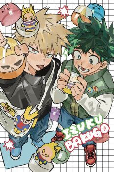 Rule 34 | 2boys, all might, arms up, badge, bag, bakugou katsuki, black jacket, blonde hair, blue pants, blue shoes, boku no hero academia, button badge, character figure, character name, chinese commentary, commentary request, denim, fanga0909, freckles, green eyes, green hair, green jacket, grid background, highres, holding, holding toy, jacket, jeans, long sleeves, looking at object, looking down, lower teeth only, male focus, midoriya izuku, multiple boys, open mouth, pants, red eyes, red shoes, sanpaku, shoes, short hair, shoulder bag, sleeveless, sleeveless jacket, smile, sneakers, teeth, tongue, tongue out, toy, white bag, zipper pull tab