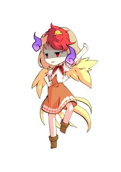 1girl animal animal_on_head baby_animal bird bird_tail blonde_hair boots brown_boots chibi chibi_only chick commentary_request dairi dress feathered_wings full_body large_variant_set multicolored_hair neckerchief niwatari_kutaka on_head orange_dress puffy_short_sleeves puffy_sleeves red_hair red_neckerchief shirt short_hair short_sleeves solo standing standing_on_one_leg tachi-e tail touhou transparent_background two-tone_hair variant_set white_shirt wings