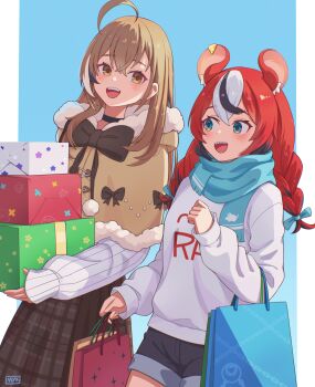 Rule 34 | 2girls, absurdres, ahoge, animal ear fluff, animal ears, bag, black bow, black bowtie, black shorts, black streaks, blue background, blue bow, blue eyes, blue scarf, bow, bowtie, box, box stack, braid, brown capelet, brown hair, brown skirt, capelet, carrying, clothes writing, commentary, cowboy shot, crossed bangs, denim, denim shorts, english commentary, fur-trimmed capelet, fur trim, gift, gift box, hair between eyes, hair bow, hakos baelz, half-skirt, hand up, heart, heart print, highres, holding, holding bag, holding gift, hololive, hololive english, jacket, light blush, long hair, looking at another, looking to the side, mikeemyk1, mouse ears, mouse girl, multicolored hair, multiple girls, nanashi mumei, open mouth, pillarboxed, plaid clothes, plaid skirt, pleated skirt, red hair, ribbed sweater, scarf, sharp teeth, shopping bag, shorts, skirt, sleeve cuffs, sleeves past wrists, smile, streaked hair, sweater, teeth, twin braids, upper teeth only, virtual youtuber, white jacket, white streaks, white sweater, yellow eyes