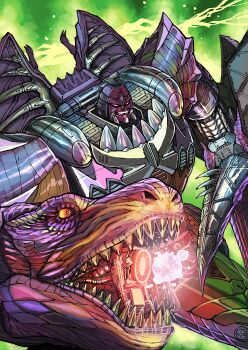 arm_cannon beast_wars beast_wars:_transformers clenched_teeth glowing green_background highres looking_ahead mecha mecha_focus megatron megatron_(beast_wars) no_humans predacon purple_eyes robot science_fiction teeth transformers weapon yamanushi