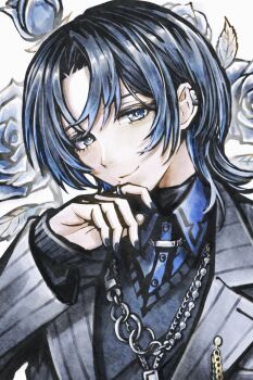 Rule 34 | 1girl, black hair, black nails, black sweater, blue eyes, blue flower, blue hair, blue rose, blue shirt, closed mouth, collared shirt, flower, gradient hair, grey jacket, highres, hiodoshi ao, hiodoshi ao (1st costume), hololive, hololive dev is, jacket, jewelry, light smile, looking at viewer, multicolored hair, ring, rose, shirt, solo, striped clothes, striped jacket, suit jacket, sweater, tsukihi shida, v-neck, virtual youtuber, wolf cut