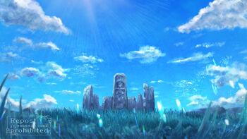 blue_sky cloud cloudy_sky commentary_request day grass highres mame_yuduru no_humans original outdoors scenery sky structure