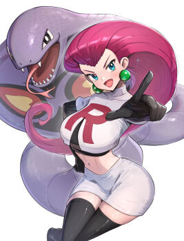 1girl arbok black_gloves black_shirt black_thighhighs blush breasts commentary_request crop_top earrings elbow_gloves fangs gen_1_pokemon gloves gonzarez hand_on_own_hip highres jacket jessie_(pokemon) jewelry large_breasts long_hair looking_at_viewer midriff miniskirt navel nintendo open_mouth pink_hair pointing pointy_ears pokemon pokemon_(anime) pokemon_(creature) sharp_teeth shirt simple_background skirt smile snake sphere_earrings team_rocket team_rocket_uniform teeth thighhighs tongue tongue_out white_background white_jacket white_skirt