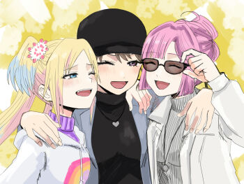 3girls :d ;d ^_^ ahoge anyoji_hime anyoji_hime_(winter_casual) arm_around_neck black_hat black_sweater blonde_hair blue_eyes blue_hair blunt_sidelocks blush breasts brown_hair closed_eyes coco_apollon collared_jacket commentary_request flower fujishima_megumi fujishima_megumi_(post-graduation) grey_jacket grey_sweater hair_flower hair_ornament hat heart heart_necklace hood hoodie jacket jewelry link!_like!_love_live! long_hair long_sleeves love_live! medium_breasts mira-cra_park! multi-tied_hair multiple_girls necklace one_eye_closed open_clothes open_jacket open_mouth osawa_rurino osawa_rurino_(winter_casual) pink_flower pink_hair ponytail purple_eyes purple_sweater ribbed_sweater sidelocks smile suit_jacket sunglasses sweater turtleneck turtleneck_sweater twintails upper_body virtual_youtuber white_hoodie white_jacket yellow_background