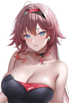 1girl aether_gazer ahoge bare_shoulders black_choker black_tube_top blue_eyes braid breasts brown_hair choker cleavage commentary de_yai_shui_yan_di earrings hairband highres jewelry large_breasts long_hair looking_at_viewer parted_lips shiny_skin side_braid solo strapless tube_top upper_body verthandi_(aether_gazer) white_background zipper
