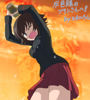 Rule 34 | 1girl, arms up, black jacket, breasts, brown hair, can, collared shirt, commission, frown, girls und panzer, grey eyes, hat, hida ema, highres, holding, holding can, jacket, key (gaigaigai123), kuromorimine military uniform, miniskirt, one eye closed, orange background, pleated skirt, pointy hair, red shirt, red skirt, shirt, short hair, skirt, squeezing, sunset, sweatdrop, translation request, unworn hat, unworn headwear