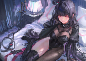 Rule 34 | 1girl, absurdres, arm up, asymmetrical legwear, belt, black belt, black bodystocking, black bridal gauntlets, black hair, bodystocking, breasts, bridal gauntlets, chaos zero nightmare, colored inner hair, commentary request, harness, highres, hjwhuhu, katana, large breasts, leotard, long hair, mismatched legwear, multicolored hair, red eyes, rin (chaos zero nightmare), see-through clothes, sidelocks, single hiphigh, single thighhigh, smile, solo, strap, sword, tassel, thighhighs, very long hair, weapon