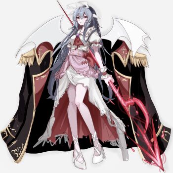 Rule 34 | 1girl, aged up, alternate wing color, ascot, black coat, brooch, closed mouth, coat, commentary request, epaulettes, fringe trim, full body, gold trim, grey background, head wings, high heels, highres, holding, holding polearm, holding weapon, jewelry, long hair, looking at viewer, polearm, red ascot, remilia scarlet, remilia scarlet (modern-day makai's charismatic mistress), shirt, shoes, simple background, skirt, smile, solo, spear, spear the gungnir, tomura amane, torn clothes, torn skirt, touhou, touhou lostword, very long hair, weapon, white shirt, white shoes, white skirt, white wings, wings, wrist cuffs