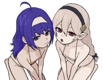 2girls aged_down ahoge areola_slip bikini blue_hair bluesalm0n bow braid closed_mouth female_corrin_(fire_emblem) fire_emblem flat_chest from_above green_eyes grey_hair hair_between_eyes hair_bow hairband headband loli long_hair looking_at_viewer mia_(fire_emblem) micro_bikini multiple_girls nintendo open_mouth orange_bikini pointy_ears purple_hair red_eyes simple_background sitting swimsuit white_background white_hairband