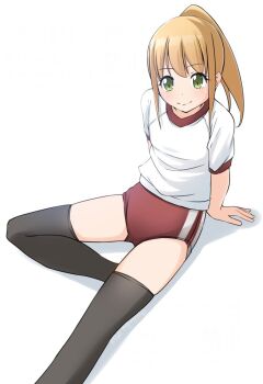 1girl black_thighhighs blonde_hair buruma feet_out_of_frame green_eyes gym_shirt gym_uniform long_hair original red_buruma shibacha shirt simple_background smile solo t-shirt thighhighs white_background white_shirt