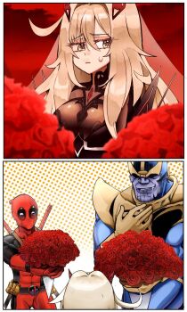 1girl 2boys black_dress blush bodysuit breasts closed_eyes commission deadpool dress flower genshin_impact highres large_breasts long_hair marvel mask multiple_boys muscular muscular_male ronova_(genshin_impact) rose smile sword thanos tyrnickleback veil weapon white_hair