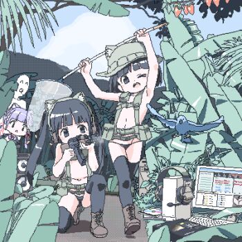 >_o 3girls ^_^ ^q^ ak-47 album_cover animal_ear_headphones animal_ear_headwear animal_ears arms_up assault_rifle bad_id bad_twitter_id bikini bikini_bottom_only bird black_bikini black_eyes black_hair black_thighhighs blue_bird blue_sky blunt_bangs boots brown_footwear butterfly_net cat_ear_headphones cat_ears cd_case chasing chest_rig closed_eyes commentary_request computer computer_keyboard computer_tower cover day fake_animal_ears fern firing foliage food fruit green_hat gun hand_net hat headphones headset headset_removed holding holding_butterfly_net holding_gun holding_weapon jungle kalashnikov_rifle lokulo-chan_(lokulo_no_mawashimono) lokulo_no_mawashimono loli long_hair lowres monitor multiple_girls nature navel oekaki on_one_knee one_eye_closed open_mouth original outdoors purple_hair rifle running sky stereo swimsuit thighhighs topless_female twintails weapon