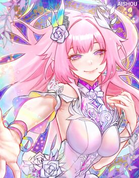 1girl absurdres ai_shou aqua_hair artist_name breasts commentary cyrene_(honkai:_star_rail) cyrene_(ripples_of_past_reverie)_(honkai:_star_rail) dress flower hair_flower hair_ornament highres honkai:_star_rail honkai_(series) large_breasts long_hair looking_at_viewer multicolored_hair pink_hair pointy_ears purple_hair reaching reaching_towards_viewer solo very_long_hair white_dress white_hair