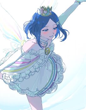 1girl blue_eyes blue_hair choker crown crying crying_with_eyes_open dress elbow_gloves gloves highres outstretched_arms poteto_(mochimochinc) pretty_rhythm pretty_rhythm_rainbow_live pretty_series rinne_(pretty_rhythm) short_dress short_hair smile solo spread_arms standing standing_on_one_leg strapless strapless_dress tears white_background white_choker white_dress white_gloves wings