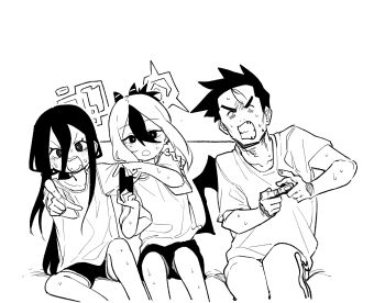 1boy 2girls asahina_yoshitoshi blue_archive clenched_teeth controller game_controller greyscale hair_between_eyes halo holding holding_controller holding_game_controller horns kayoko_(blue_archive) kei_(blue_archive) long_hair monochrome multiple_girls open_mouth playing_games pointing pointing_at_viewer rectangular_halo sensei_(blue_archive) shirt short_sleeves shorts single_wing sitting teeth very_long_hair wings