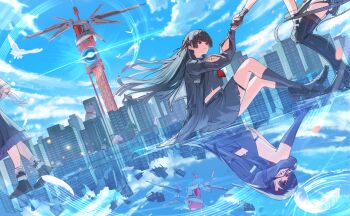 Rule 34 | 1other, 2girls, arm cutout, black hair, black jacket, black serafuku, black shirt, black shoes, black skirt, black socks, blue sky, breasts, chisa (wuthering waves), clothing cutout, commentary, day, different reflection, female rover (wuthering waves), hair ribbon, highres, jacket, long sleeves, medium breasts, multiple girls, oiro ik, outdoors, red ribbon, reflection, reflective floor, ribbon, rover (wuthering waves), sailor collar, school uniform, serafuku, shirt, shoes, sitting, skirt, sky, socks, tacet mark (wuthering waves), taking another's hand, thigh strap, white sailor collar, wuthering waves