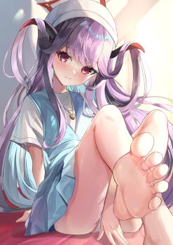 1girl arm_behind_back barefoot between_legs black_hair black_horns blue_archive blue_dress blush casual closed_mouth commentary covering_crotch covering_privates crossed_legs demon_girl demon_horns dress eyelashes feet floating_hair foot_focus foot_out_of_frame foreshortening fuuka_(blue_archive) fuuka_(casual)_(blue_archive) hair_between_eyes hair_down hair_on_horn halo hand_between_legs headscarf heart_pendant highres horns indoors knees_up long_hair looking_at_viewer official_alternate_costume official_alternate_hairstyle panties pleated_dress presenting_foot red_eyes red_halo shirt short_dress short_sleeves sidelighting sidelocks sitting sleeveless sleeveless_dress smile soles solo split_mouth suidou_chaahan sunlight thighs toes underwear very_long_hair white_headscarf white_panties white_shirt window_shadow