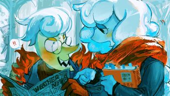 ! !! 1girl 2boys ant_tenna black-framed_eyewear black_eyes blue_jacket blue_skin blush book colored_skin commentary_request constricted_pupils deltarune elnina_(deltarune) glasses gloves highres holding holding_book holding_newspaper jacket lanino_(deltarune) looking_at_another multiple_boys nekoneko_(nekonoko_kinoko) newspaper nose_blush open_mouth peeking pointy_nose red_gloves red_scarf round_eyewear scarf sharp_teeth spoken_exclamation_mark teeth utdr_(toby_fox) white_hair yellow_skin