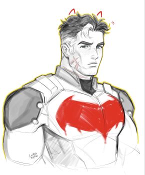 Rule 34 | 1boy, aged up, bat signal, batman (series), batman symbol, black bodysuit, black hair, bodysuit, commentary, dc comics, english commentary, facial scar, highres, jason todd, lokutofu, looking at viewer, male focus, multicolored bodysuit, multicolored hair, multiple scars, muscular, muscular male, red hood (dc), scar, scar on cheek, scar on face, short hair, sketch, streaked hair, superhero costume, taut bodysuit, thick eyebrows, two-tone bodysuit, two-tone hair, upper body, white hair