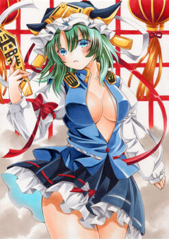1girl alternate_breast_size_(larger) asymmetrical_hair black_hat black_skirt blue_eyes blush bow breasts cleavage closed_mouth commentary_request cowboy_shot frilled_hat frilled_skirt frills frown green_hair hat holding lantern large_breasts long_sleeves looking_at_viewer marker_(medium) medium_hair open_clothes open_shirt paper_lantern red_bow ribbon-trimmed_skirt ribbon_trim rod_of_remorse shiki_eiki shirt skirt sleeve_bow solo suzune_koto_(avuu3784) touhou traditional_media white_bow white_shirt