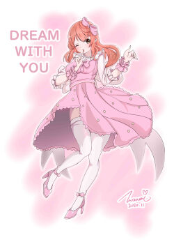 1girl ;) absurdres artist_name artist_request back_bow blush bow bowtie braid braided_bun breasts dream_with_you_(love_live!) dress dress_bow earrings female_focus floating_hair frilled_skirt frills full_body green_eyes hair_bow hair_bun high_heels highres jewelry long_sleeves looking_at_viewer love_live! love_live!_nijigasaki_high_school_idol_club love_live!_school_idol_festival miniskirt neck_ruff necklace one_eye_closed orange_hair parted_lips pearl_earrings pearl_necklace pink_bow pink_dress pink_footwear pink_skirt pink_wrist_cuffs plaid_clothes plaid_dress plaid_skirt pleated pleated_dress pleated_skirt polka_dot polka_dot_skirt puffy_short_sleeves puffy_sleeves red_hair short_hair short_sleeves side_bun single_hair_bun skirt small_breasts smile solo standing standing_on_one_leg uehara_ayumu wavy_hair white_bow white_legwear wink wrist_cuffs yellow_eyes