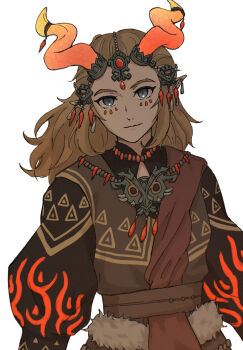 1boy blonde_hair commentary_request earrings ember_set_(zelda) facial_mark highres horns jewelry link long_hair looking_at_viewer male_focus necklace nikohakaeritai nintendo official_alternate_costume pointy_ears simple_background solo the_legend_of_zelda the_legend_of_zelda:_tears_of_the_kingdom upper_body white_background