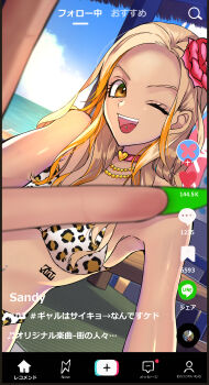 1girl ;d absurdres animal_print bead_necklace beads bikini blonde_hair breasts brown_eyes character_name choker commentary_request dark-skinned_female dark_skin dragon_quest dragon_quest_ix fake_screenshot fingernails flower ganguro green_nails gyaru hair_flower hair_ornament heart heart_choker highres jewelry kogal leopard_print long_fingernails long_hair looking_at_viewer medium_breasts momoiito navel_piercing necklace ocean one_eye_closed open_mouth partial_commentary piercing recording red_flower red_rose rose sandy_(dq9) sideboob smile social_network solo stomach_tattoo swimsuit tattoo tiktok tongue_piercing translation_request user_interface