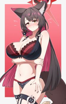 1girl absurdres animal_ear_fluff animal_ears bare_arms bare_shoulders black_bra black_hair black_nails black_panties blue_archive blush bra breasts cleavage closed_mouth colored_inner_hair commentary fox_ears fox_girl fox_tail halo hand_on_own_arm highres kaiju_ryoku large_breasts looking_at_viewer multicolored_hair navel panties red_hair red_halo solo stomach tail thigh_strap two-tone_hair underwear underwear_only wakamo_(blue_archive) yellow_eyes