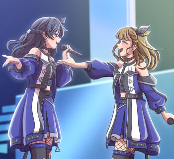 2girls 5th_live_tour_~4pair_power_spread!!!!~ :d ampere_(love_live!) bare_shoulders black_hair black_pantyhose black_shirt blue_coat blue_eyes blue_skirt braid brown_hair center-flap_bangs coat commentary_request cowboy_shot fishnet_pantyhose fishnets ganbarai half_up_braid half_updo highres holding holding_microphone kachimachi_kosuzu link!_like!_love_live! long_hair love_live! microphone midriff miniskirt multiple_girls murano_sayaka off-shoulder_coat off_shoulder official_alternate_costume open_clothes open_coat open_mouth pantyhose pink_eyes pleated_skirt profile shirt side_braids skirt sleeveless sleeveless_shirt smile teeth torn_clothes torn_pantyhose upper_teeth_only virtual_youtuber