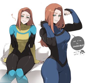 absurdres atom_eve bodysuit borrowed_clothes breasts brown_hair covered_navel english_text fingerless_gloves flexing gloves heart highres invincible_(character) invincible_(series) long_hair mark_grayson masoq medium_breasts multicolored_bodysuit naughty_face pillow sitting smile speech_bubble superhero_costume two-tone_bodysuit