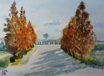 blue_sky building cloud day grass hedge highres monsisiro411823 no_humans original outdoors painting_(medium) park path road scenery shadow shelter sky sunlight traditional_media watercolor_(medium)