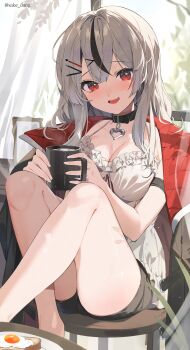 1girl belt_collar black_collar black_hair black_shorts breasts camisole chair cleavage collar cup drinking_glass fang fried_egg grey_hair hair_ornament hairclip holding holding_cup hololive jacket long_hair looking_at_viewer multicolored_hair on_chair open_clothes open_jacket open_mouth red_eyes sakamata_chloe sake_dong shorts sitting skin_fang solo twitter_username two-tone_hair virtual_youtuber white_camisole