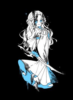 1girl black_background blood blood_in_hair blood_on_clothes blood_on_face blue_eyes braid capelet dirty dirty_clothes ff14_duduna1201 final_fantasy final_fantasy_xiv full_body greyscale half_up_braid hand_on_own_chest highres holding holding_sword holding_weapon long_hair looking_at_viewer monochrome robe shoes smile solo sophist&#039;s_robe_(ff14) sparkle spot_color sword venat_(ff14) weapon