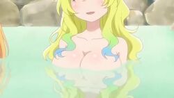 Rule 34 | 4girls, 6+girls, animated, anime screenshot, bathing, blue eyes, breast envy, breast focus, breasts, cleavage, close-up, closed eyes, convenient censoring, convenient head, elma (maidragon), female focus, fence, flat chest, floating breasts, highres, horns, huge breasts, kanna kamui, kobayashi-san chi no maidragon, kobayashi (maidragon), large breasts, long hair, lucoa (maidragon), multiple girls, nude, onsen, open mouth, orange eyes, orange hair, partially submerged, plant, purple hair, rock, saikawa riko, short hair, small breasts, sound, steam, tagme, tohru (maidragon), video, water