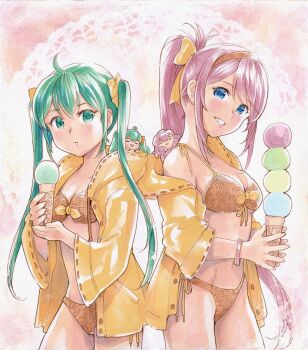 Rule 34 | 2girls, aqua eyes, aqua hair, bangle, basketweave, bikini, blue eyes, bracelet, breasts, chibi miku (mayo riyo), commentary, cowboy shot, grin, hairband, hatsune miku, holding, holding ice cream cone, hood, hooded jacket, ice cream cone, jacket, jewelry, lips, long hair, mayo riyo, medium breasts, megurine luka, mini person, minigirl, multiple girls, octopus, open clothes, open jacket, parted lips, pink hair, ponytail, multiple scoops, ribbon, smile, standing, swimsuit, takoluka, traditional media, twintails, vocaloid, yellow bikini, yellow jacket, yellow ribbon