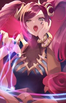 1girl breasts cleavage green_eyes highres league_of_legends pentakill_(league_of_legends) pentakill_sona piercing purple_hair sona_(league_of_legends) tongue tongue_piercing twintails